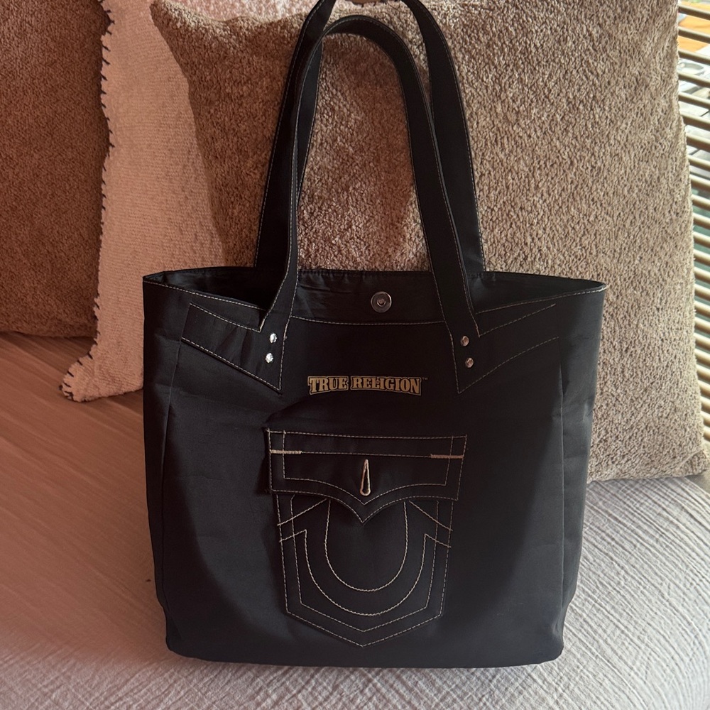 True Religion Black Tote with White Contrast Stitching